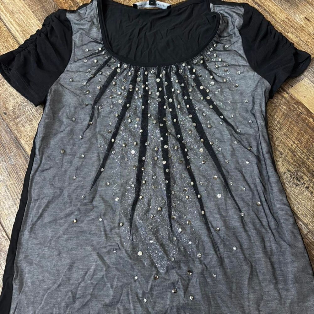 WHITE HOUSE BLACK MARKET Women's Grey Small Rhinestone T Shirt Black Blouse